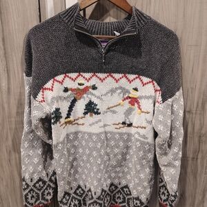 Men's Gray Ski Motif Half-Zip Sweater